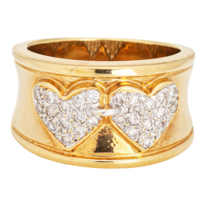 diamond double heart ring vintage 18k yellow gold wide band sz 5 fine jewelry 3716