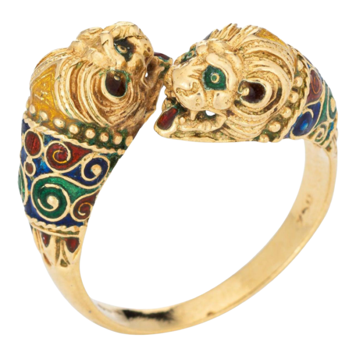 double lion ring sz 10 18k yellow gold enamel eyes bypass band animal jewelry 7729