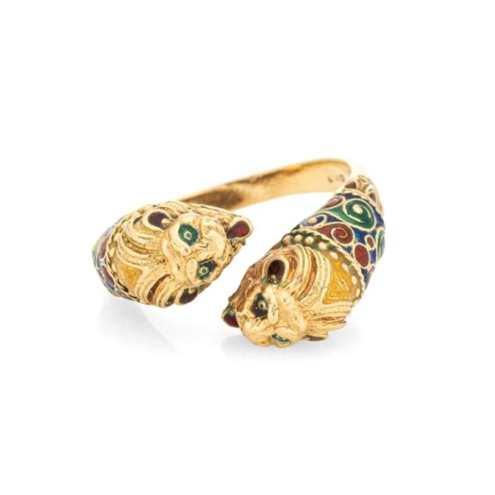 double lion ring sz 10 18k yellow gold enamel eyes bypass band animal jewelry 9600