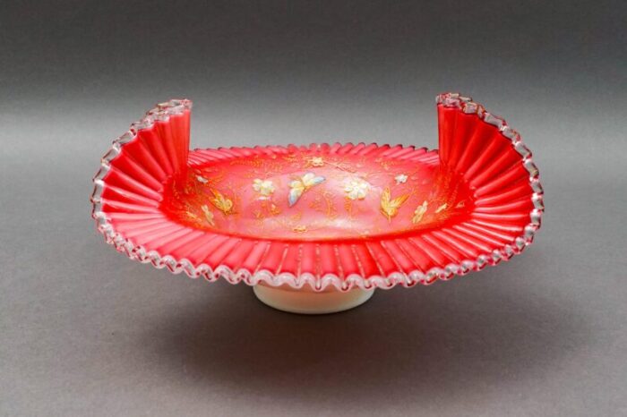 early 18th century victorian hand painted butterflies ruffled edge glass brides basket bowl 0722