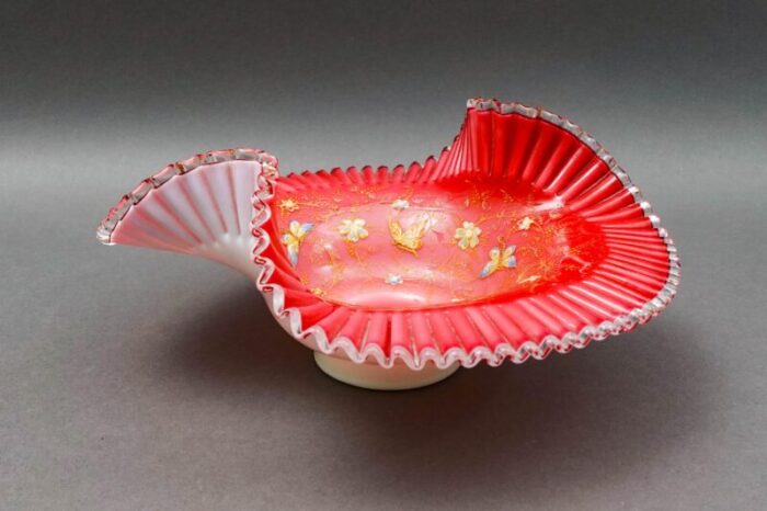 early 18th century victorian hand painted butterflies ruffled edge glass brides basket bowl 8889