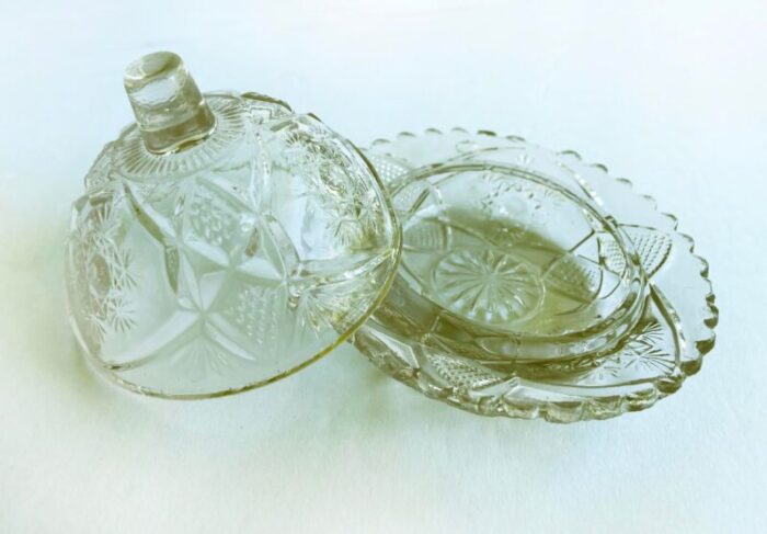 early 1900s cambridge pressed glass butter dish snowflake 0922