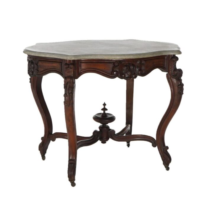 early 19th century antique victorian rococo carved walnut and marble top parlor table c1800 1324