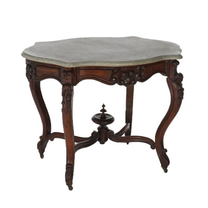 early 19th century antique victorian rococo carved walnut and marble top parlor table c1800 2879