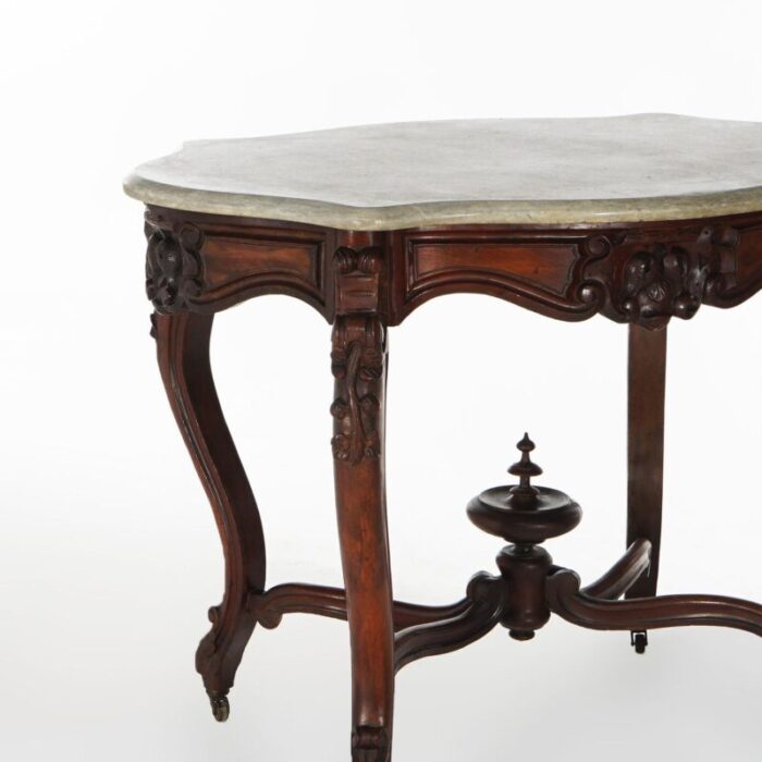 early 19th century antique victorian rococo carved walnut and marble top parlor table c1800 3601