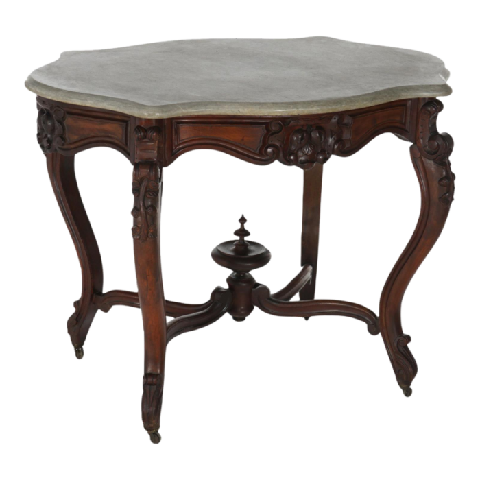 early 19th century antique victorian rococo carved walnut and marble top parlor table c1800 7927