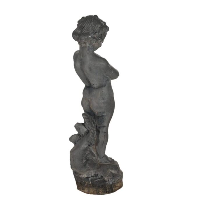 early 20th century antique cast iron figural cherub with frog garden sculpture circa 1900 6405