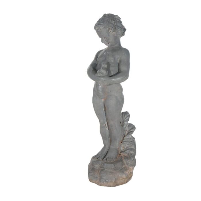 early 20th century antique cast iron figural cherub with frog garden sculpture circa 1900 6857