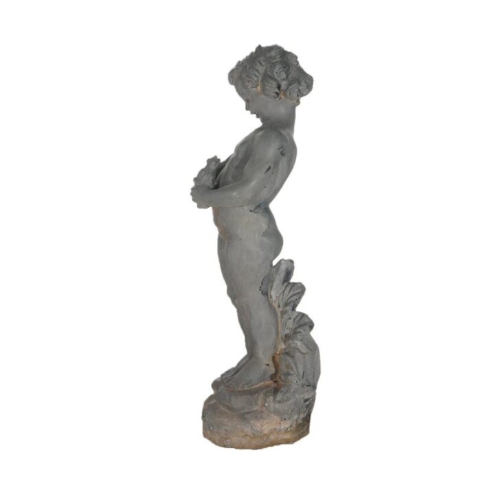 early 20th century antique cast iron figural cherub with frog garden sculpture circa 1900 6906