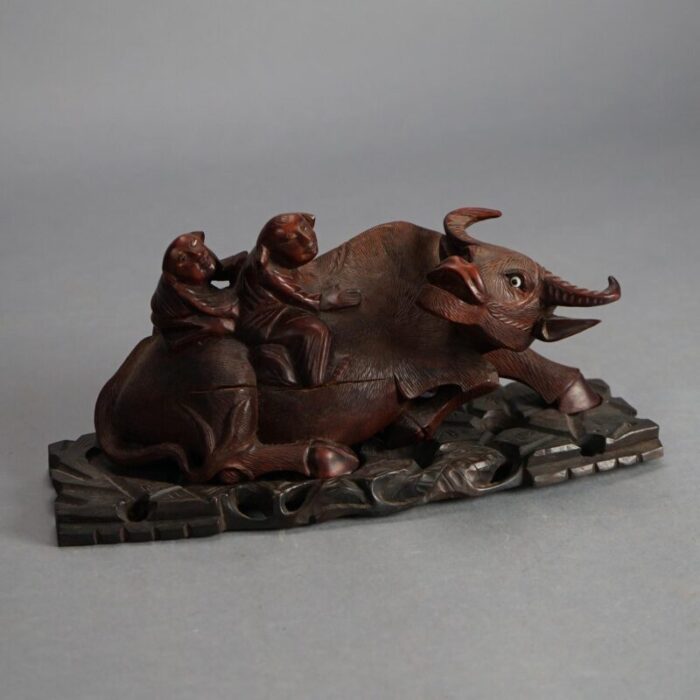 early 20th century antique chinese carved wood sculpture of water buffalo with figures circa 1920 3024