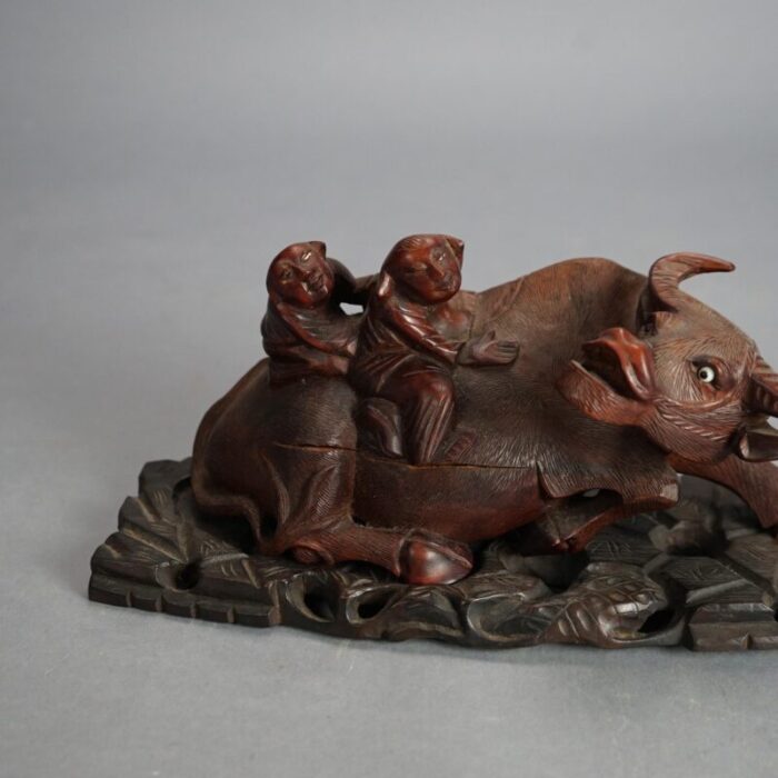 early 20th century antique chinese carved wood sculpture of water buffalo with figures circa 1920 5862