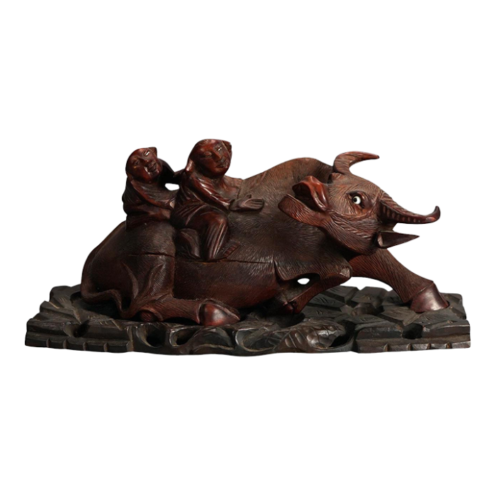 early 20th century antique chinese carved wood sculpture of water buffalo with figures circa 1920 8263