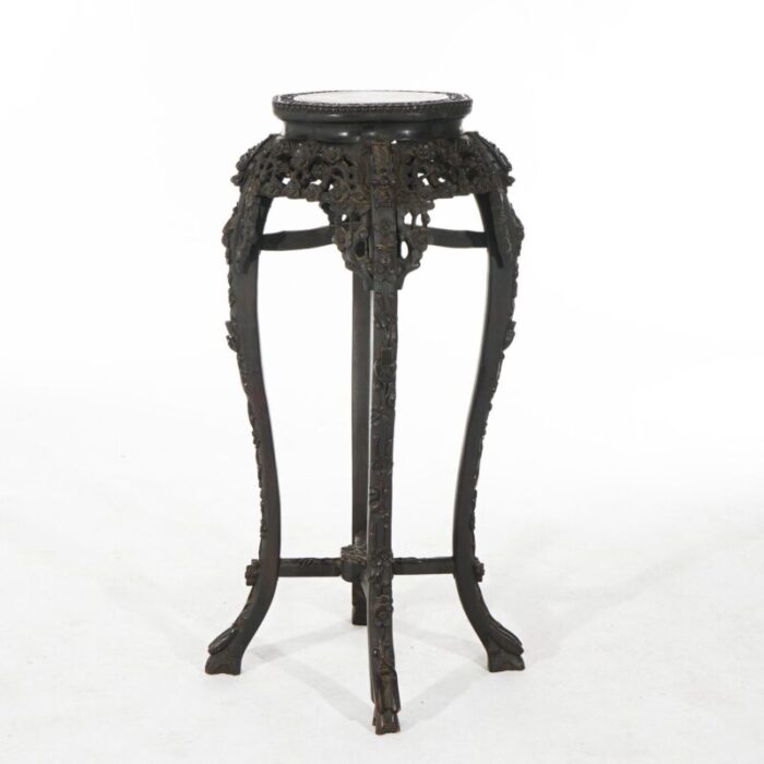 early 20th century antique chinese tall foliate carved rosewood rouge marble top table c1910 3080