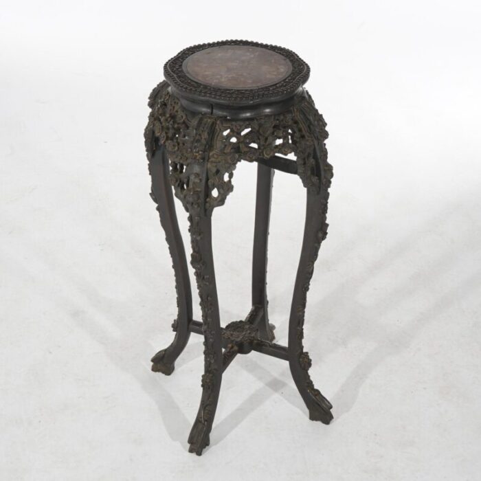 early 20th century antique chinese tall foliate carved rosewood rouge marble top table c1910 6372