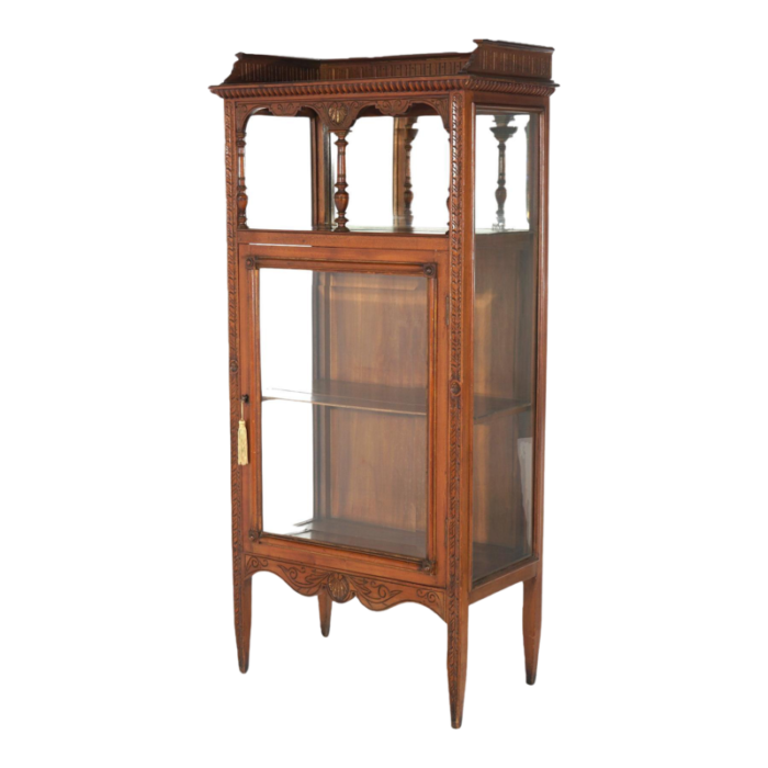 early 20th century antique eastlake victorian mahogany single door and mirrored curio cabinet c1900 7204