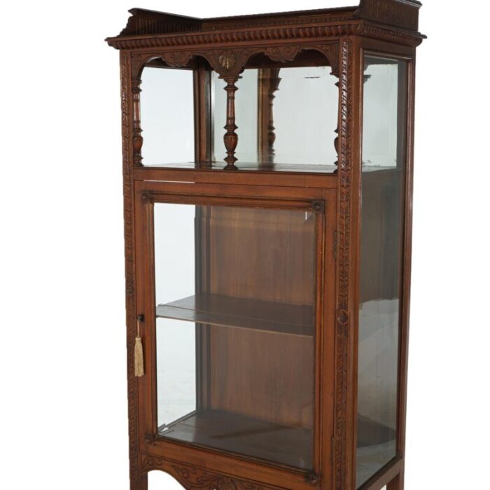 early 20th century antique eastlake victorian mahogany single door and mirrored curio cabinet c1900 8025