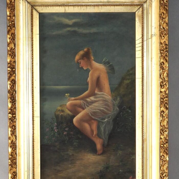 early 20th century antique neoclassical oil on canvas painting of a fairy signed by c b allen framed 4371