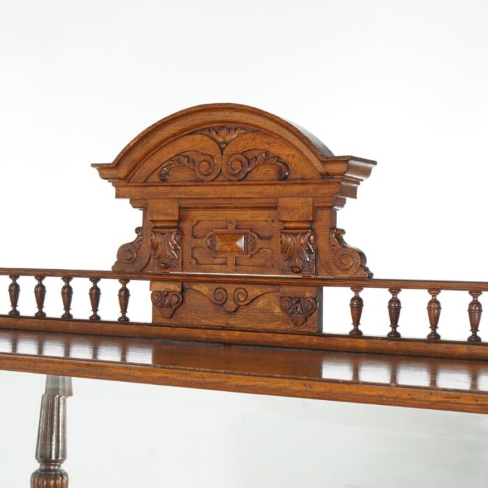 early 20th century antique oak marble top server with mirrored back splash and spindled rail c1900 4528