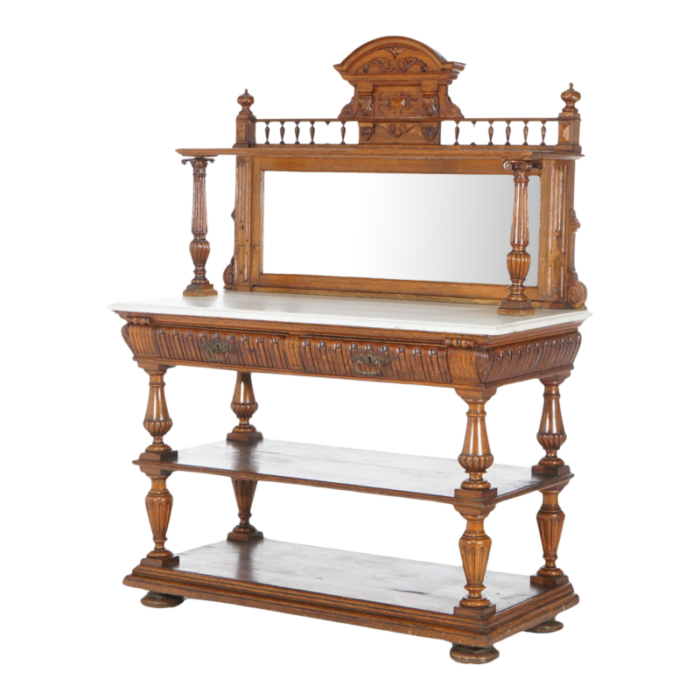 early 20th century antique oak marble top server with mirrored back splash and spindled rail c1900 4535