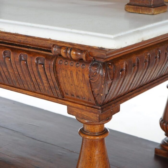 early 20th century antique oak marble top server with mirrored back splash and spindled rail c1900 5571