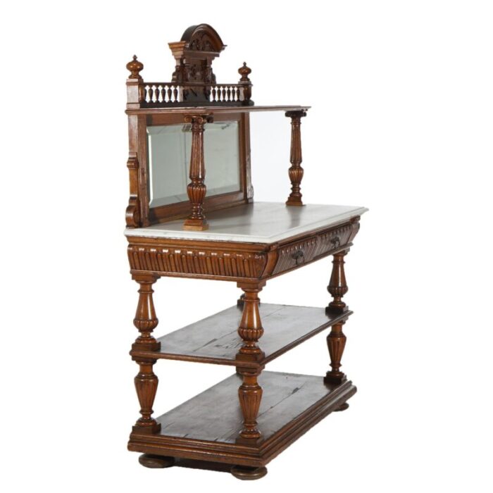 early 20th century antique oak marble top server with mirrored back splash and spindled rail c1900 8842