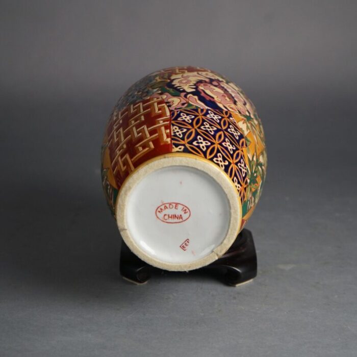 early 20th century chinese porcelain vase with bamboo and flowers on hardwood stand 0646