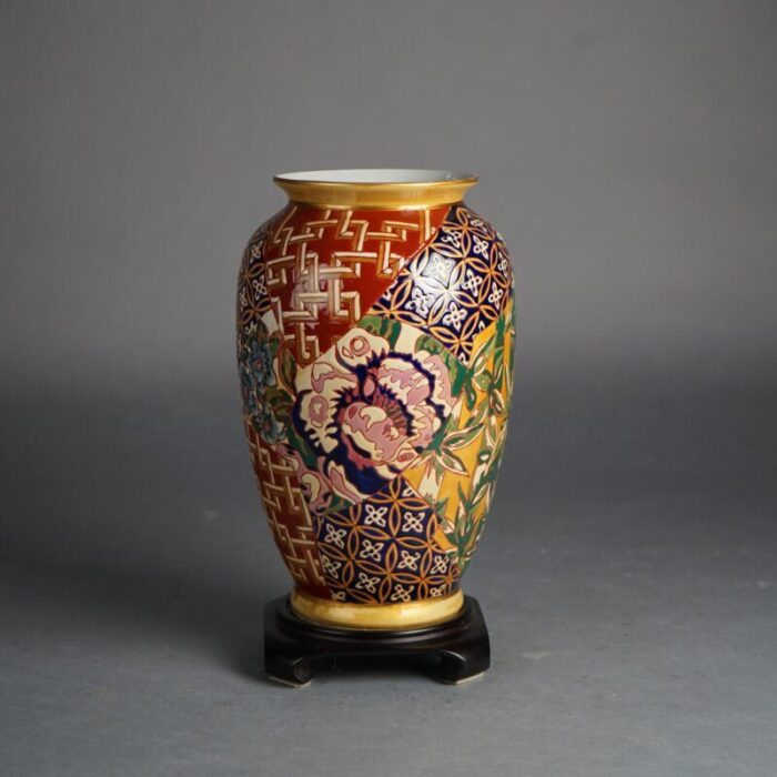 early 20th century chinese porcelain vase with bamboo and flowers on hardwood stand 0994