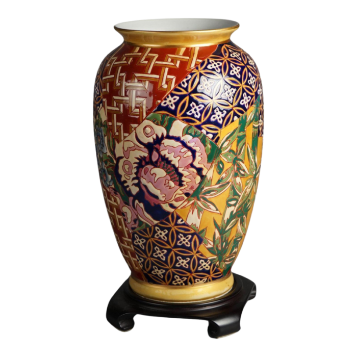 early 20th century chinese porcelain vase with bamboo and flowers on hardwood stand 2335