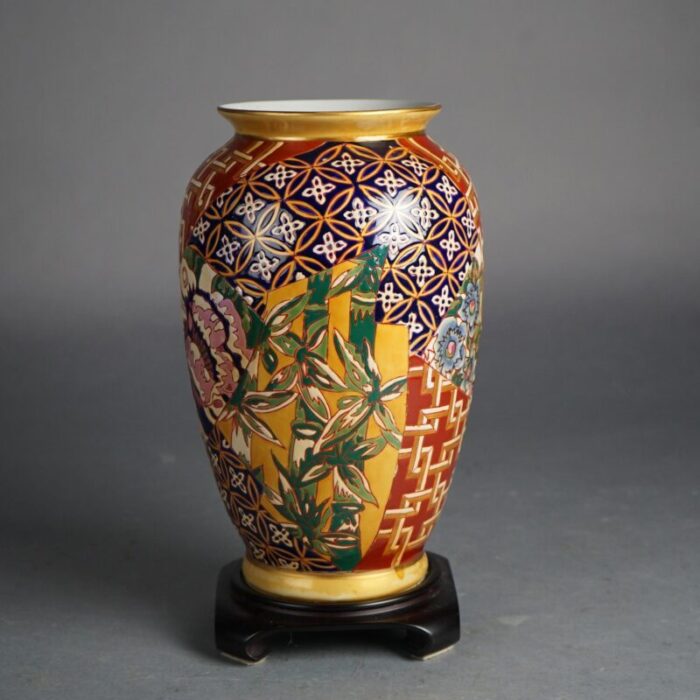 early 20th century chinese porcelain vase with bamboo and flowers on hardwood stand 4164