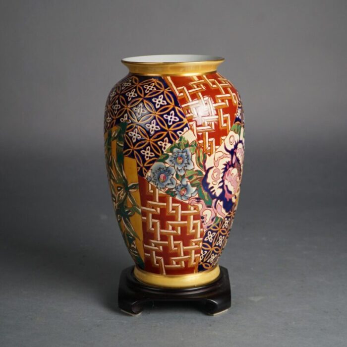 early 20th century chinese porcelain vase with bamboo and flowers on hardwood stand 4733