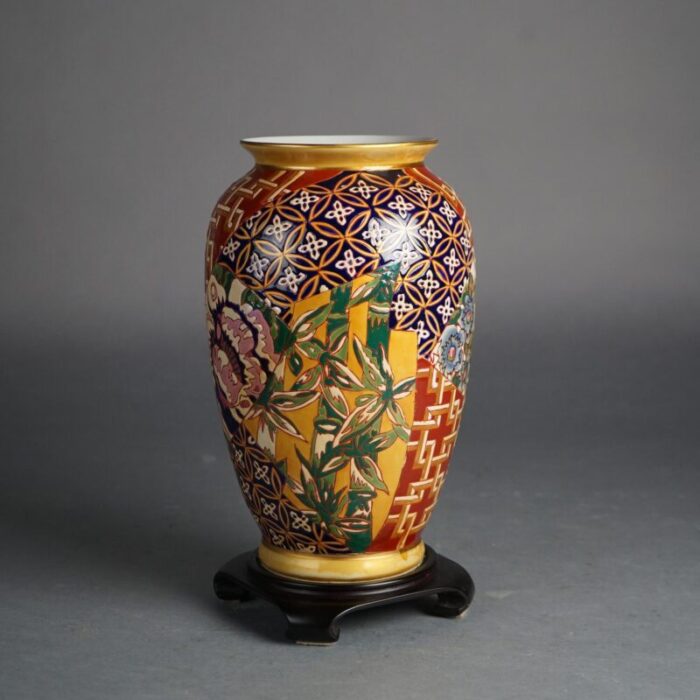 early 20th century chinese porcelain vase with bamboo and flowers on hardwood stand 5284