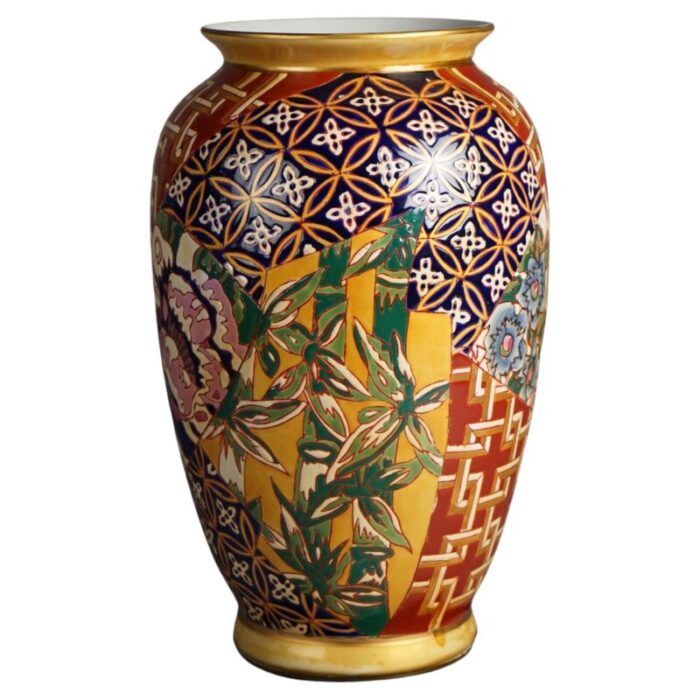 early 20th century chinese porcelain vase with bamboo and flowers on hardwood stand 8959