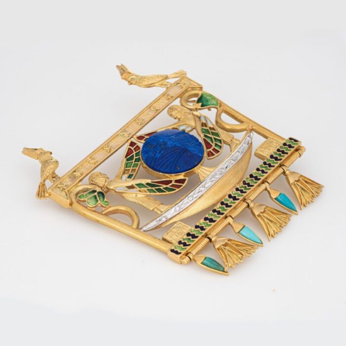 egyptian enamel pendant isis large vintage 14k yellow gold lapis diamond jewelry 0547