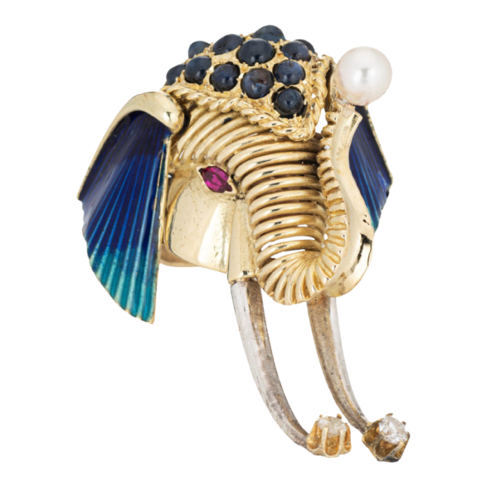 elephant ring vintage enamel 14k yellow gold sapphire diamond animal jewelry 2594