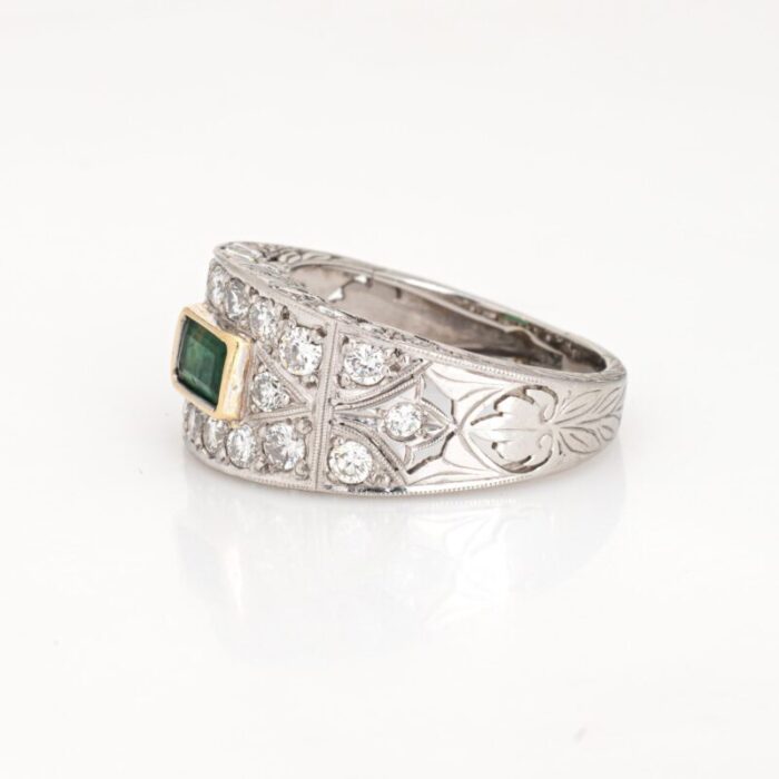 emerald diamond ring estate etched platinum wide band sz 75 estate jewelry 1184