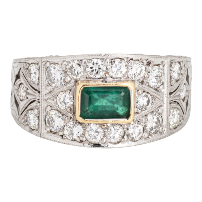 emerald diamond ring estate etched platinum wide band sz 75 estate jewelry 4863