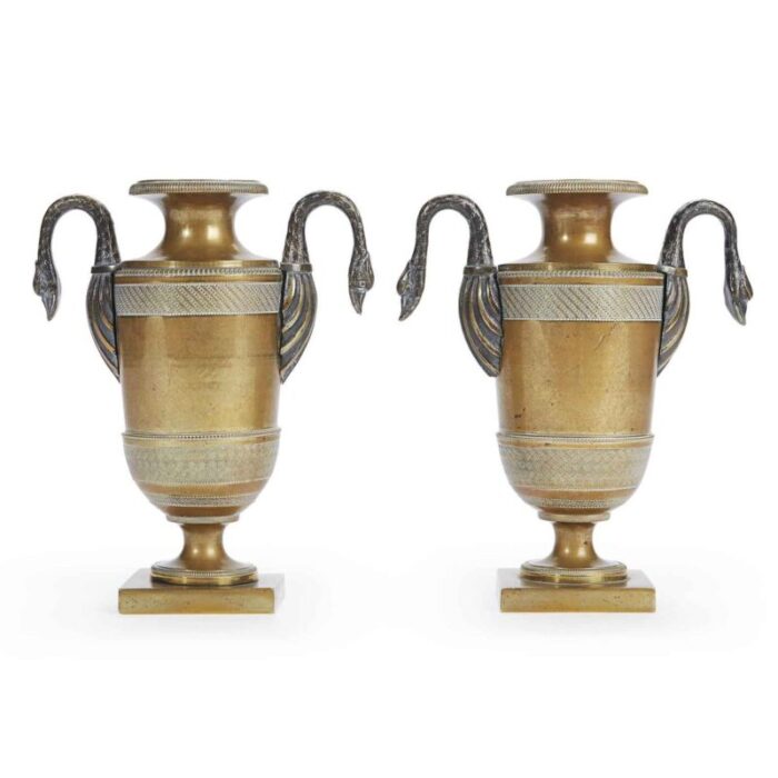 empire bronze vases with swan handles set of 2 1