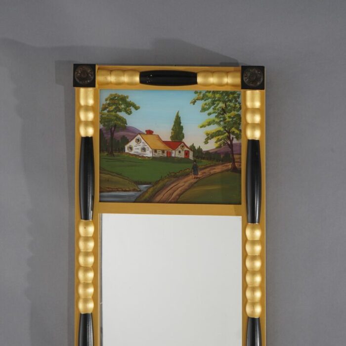 empire style ebonized and gilt mirror hand painted eglomise scenic panel early 20th century 0285