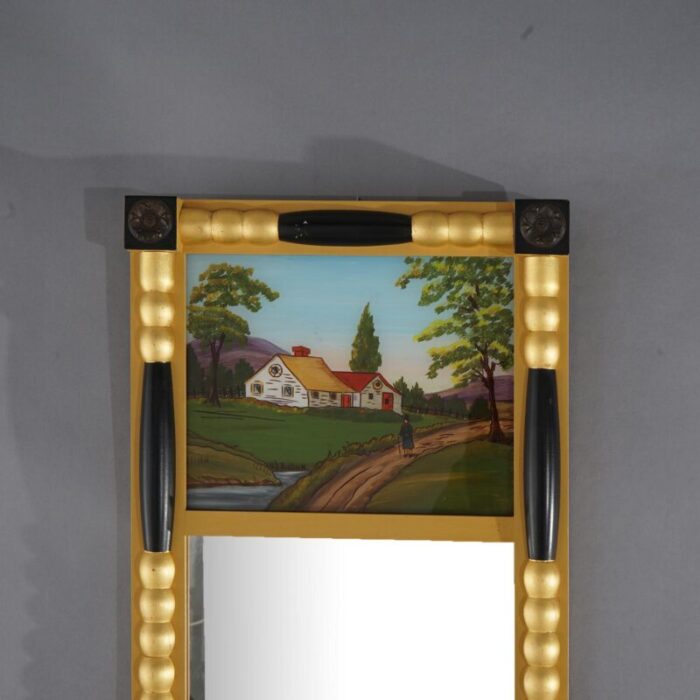 empire style ebonized and gilt mirror hand painted eglomise scenic panel early 20th century 7907