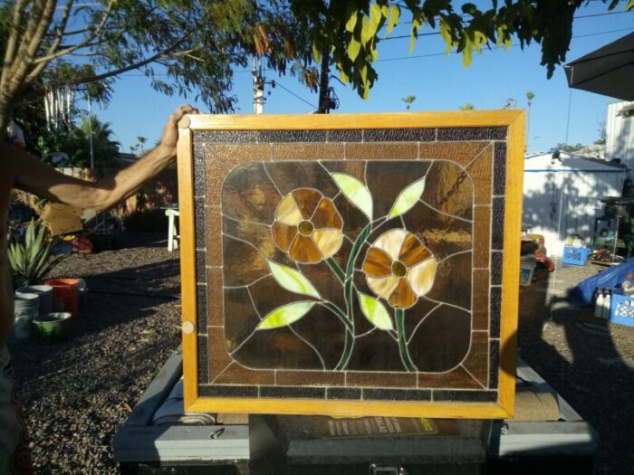 extra large 1970s orange and green leaded stained glass panel window wall hanging with poppies in oak frame 4881