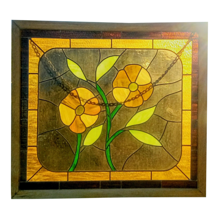 extra large 1970s orange and green leaded stained glass panel window wall hanging with poppies in oak frame 8288