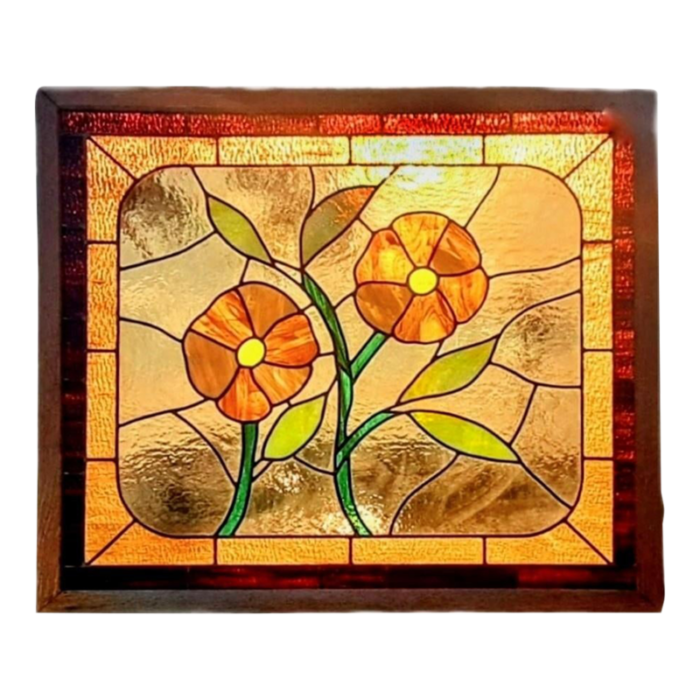 extra large 1970s orange and green leaded stained glass panel window wall hanging with poppies in oak frame 9754