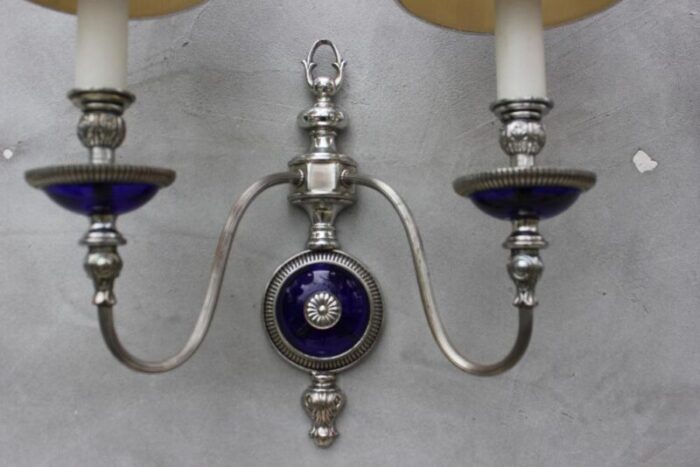 french art nouveau wall sconces in cobalt blue glass 1940s set of 2 3925