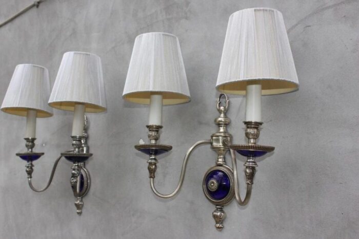 french art nouveau wall sconces in cobalt blue glass 1940s set of 2 6170