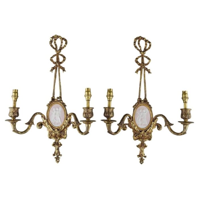 french pink jasper and gilded bronze ribbon sconces by camille tharaud for limoges set of 2 1