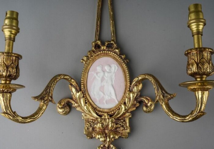 french pink jasper and gilded bronze ribbon sconces by camille tharaud for limoges set of 2 2