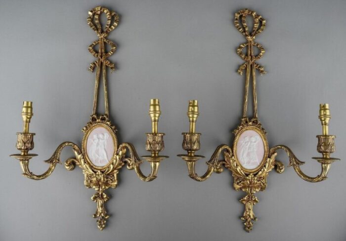 french pink jasper and gilded bronze ribbon sconces by camille tharaud for limoges set of 2 4