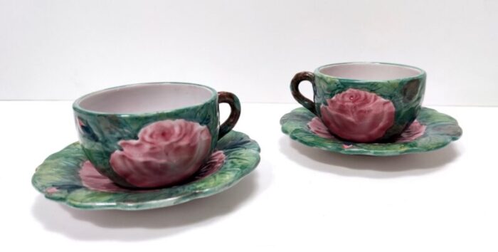 green earthenware tea and coffee cups with floral motifs by zaccagnini 1940s set of 2 1