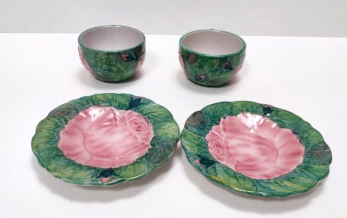 green earthenware tea and coffee cups with floral motifs by zaccagnini 1940s set of 2 12