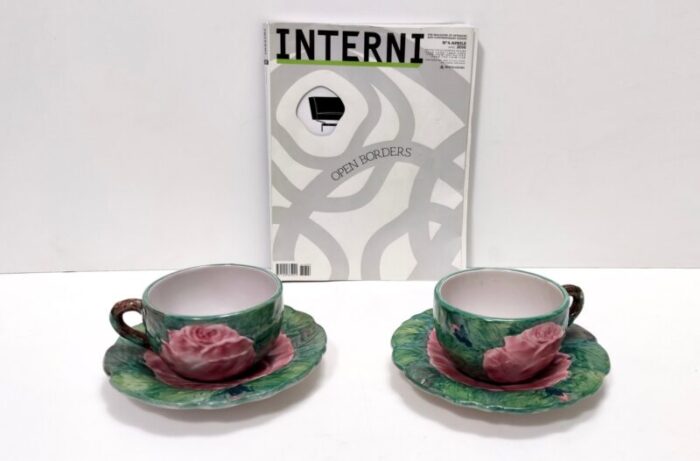 green earthenware tea and coffee cups with floral motifs by zaccagnini 1940s set of 2 2